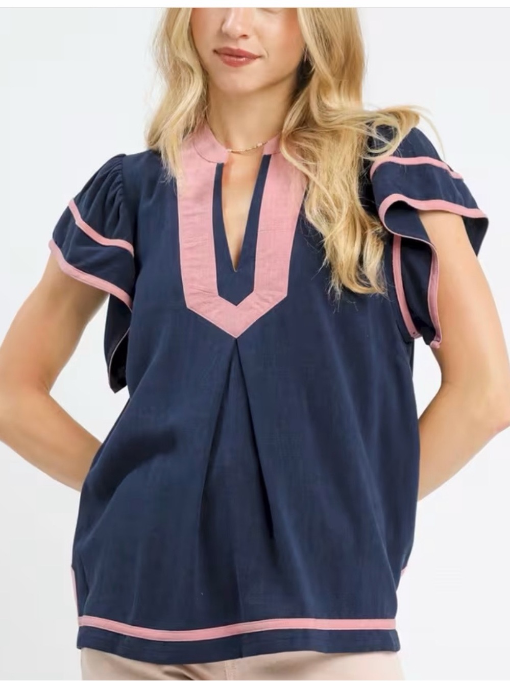 Umgee Navy Blouse with Pink Trim - Flutter Sleeve V-Notch Top